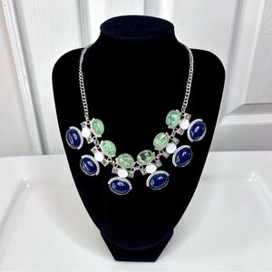 New York & Company Bib Statement Necklace Navy Blue Mint Green Cabochons
